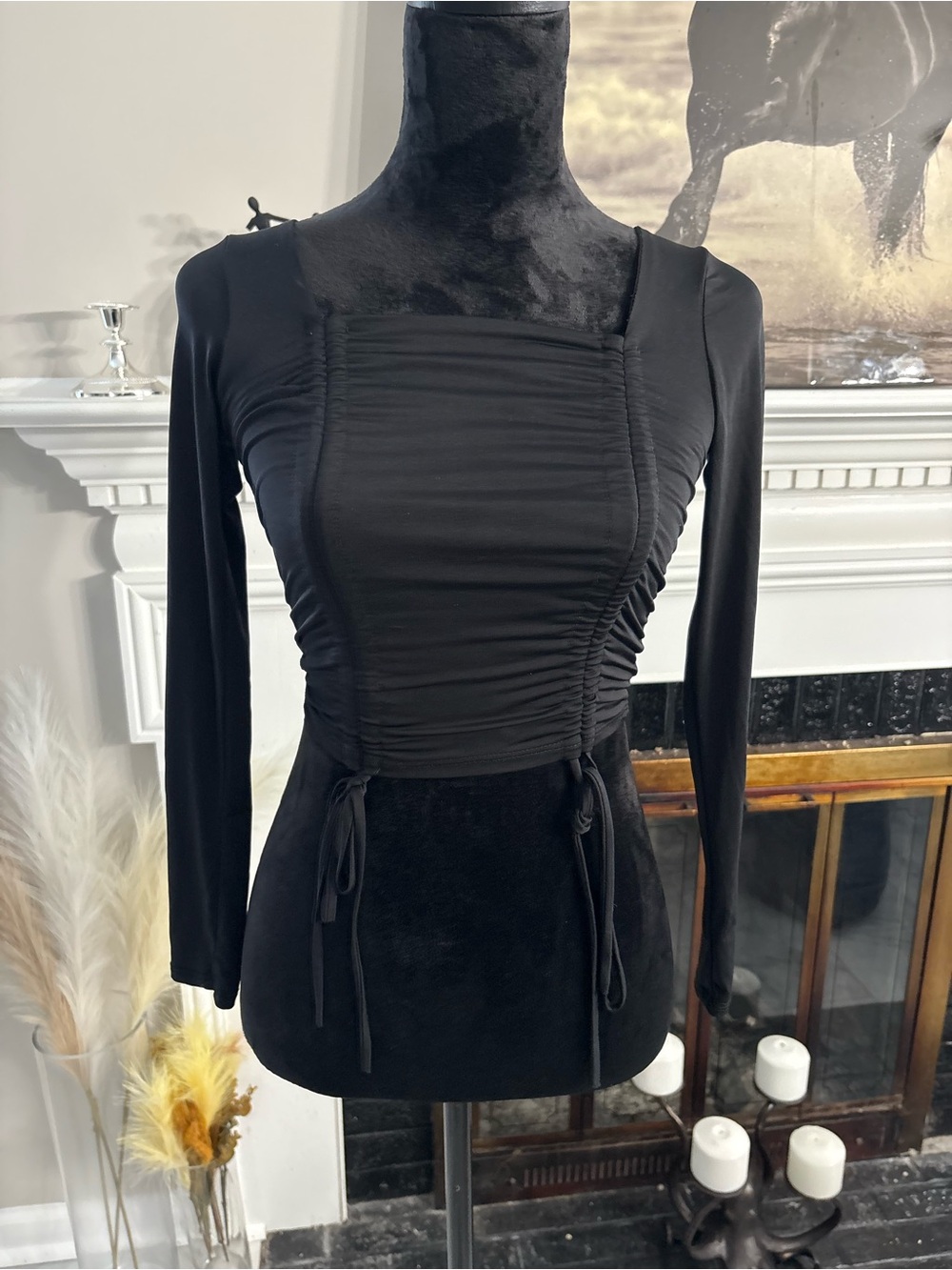 Fashion Nova Black Ruched Long Sleeve Square Neck Top